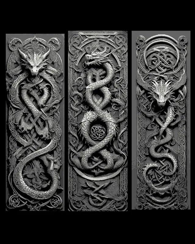 Celtic Knot Carvings depicting Dragons Guarding the way