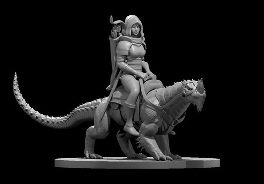 Dungeons & Dragons Elf Female Drake Warden Ranger with Drake Mount with Leather Armor Miniature