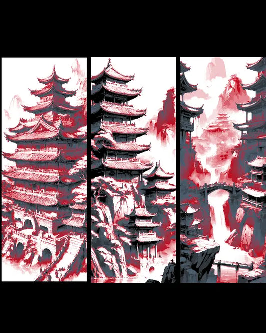 Fantasy view of Asian Mountain Temples in Red and Greys