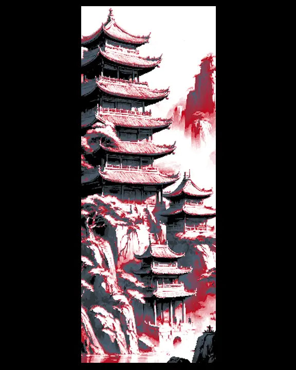 Fantasy view of Asian Mountain Temples in Red and Greys