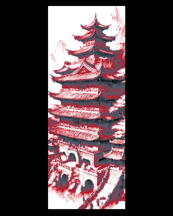 Fantasy view of Asian Mountain Temples in Red and Greys