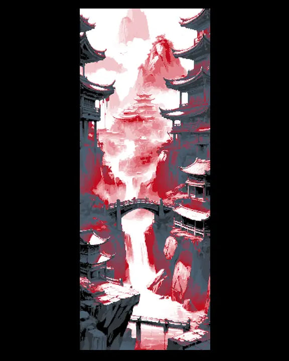 Fantasy view of Asian Mountain Temples in Red and Greys