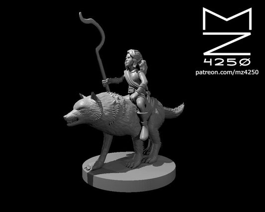 Dungeons & Dragons Halfling Female Druid Riding a Wolf Miniature