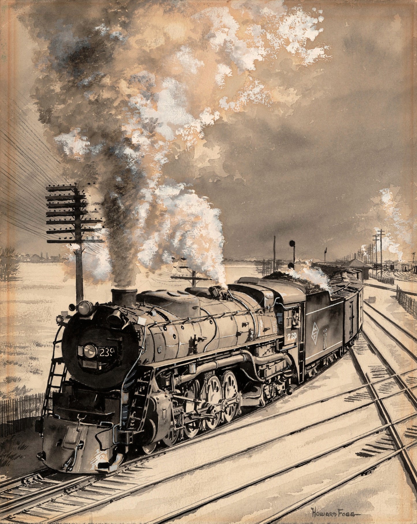 MILWAUKEE ROAD 4-8-4 LOCO No 239 LEADING A FREIGHT TRAIN OUT OF BENSENVILLE, ILLINOIS, BOUND FOR MILWAUKEE - 'STEAM AND STEEL WINTERSET'